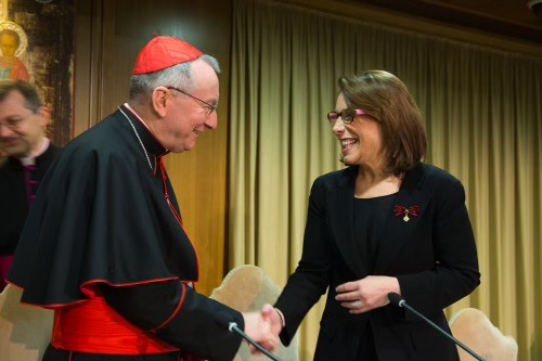 Dr. Robin L. Smith with Pietro Cardinal Parolin, April 28, 2018. Pope Francis named her a Dame Commander with Star of the Pontifical Equestrian Order of Saint Sylvester in April 2016.